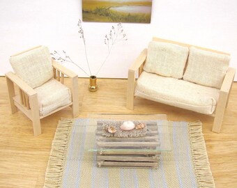 Dollhouse Miniature Rug, 1:12 Scale Artisan Doll House Furniture Seaside Coastal Beach Cottage Woven Nautical Light Blue Cream Stripe Rug