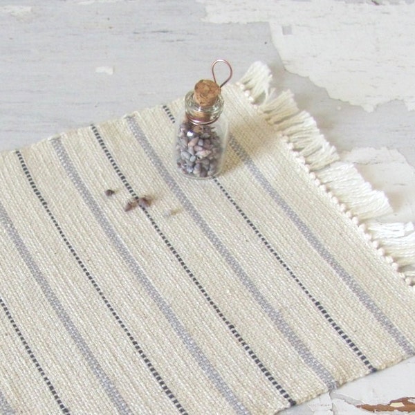 Dollhouse Miniature Rug, 1:12 Scale Artisan Simple Scandinavian Style Beach Cottage Farmhouse Decor Doll Furniture, Hand Woven Gray Stripe