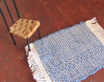 Dollhouse Rag Rug, Kitchen Dining Bedroom Bath Mat, 1:12 Artisan Miniature Dolls Furniture Country Primitive Rustic Colonial Blue Woven Rug