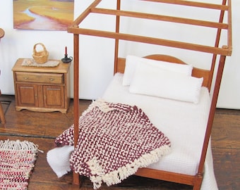 Dollhouse Miniature Bedding Throw Blanket, 1:12 Scale Artisan Woven Burgundy Alpaca Cotton Bedroom Bedspread, Rustic Fairy Cottage Furniture