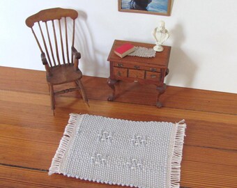 Small 1:12 Dollhouse Miniature Rug, Artisan Made Dolls House Furniture Rustic Farmhouse Country Cottage Hand Woven Light Blue Floor Carpet