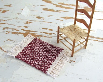 Burgundy Red Dollhouse Miniature Rug, 1:12 Scale Artisan Dolls House Furniture Bedroom Living Room Valentines Christmas Decor Hand Woven Rug