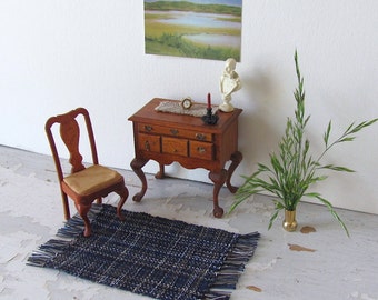 Dollhouse Miniature Rug, Nautical Navy Blue Plaid Artisan Handmade Woven 1/12 Scale Carpet for Modern Coastal Beach Cottage or Rustic Cabin