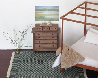 Dollhouse Miniature Rug, Large Floor Carpet, 1:12 Scale Artisan Doll House Furniture Artisan Handmade Hand Woven Pine Forest Green Rug