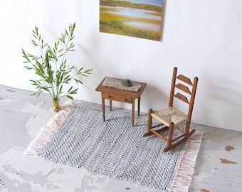 1:12 Scale Dollhouse Miniature Rug, Green Artisan Handmade Hand Woven Modern Seaside Beach, Rustic Cottage Furniture Decor Doll House Carpet