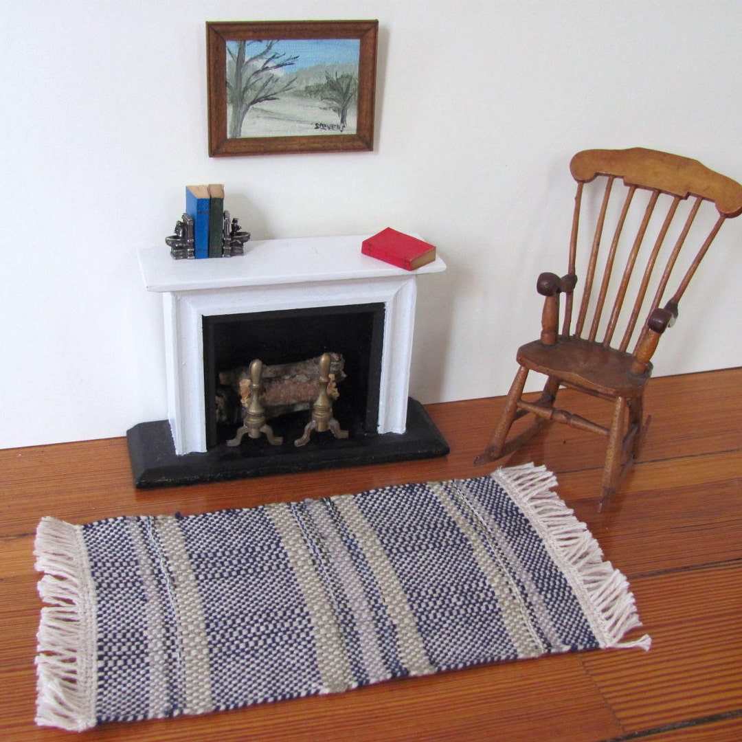 Miniature Dollhouse Rug, 1:12 Scale Artisan Hand Woven Indigo Navy Blue ...