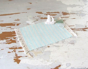 Dollhouse Miniature Rug, 1:12 Scale Artisan Handmade Woven Turquoise Stripe Carpet, Scandinavian Modern, Seaside Nautical Beach Furniture
