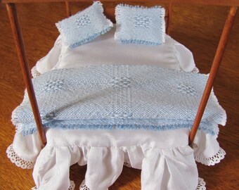 Dollhouse Miniature Bedding Throw Pillow, Bedroom Accent Couch Pillow, 1:12 Artisan Doll House Furniture Beach Cottage Woven Blue Pillow