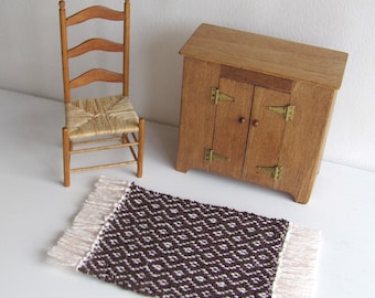 Small Dollhouse Miniature Rug, Carpet, 1:12 Artisan Handmade Hand Woven Brown & White, Traditional Historic Americana Doll House Furniture