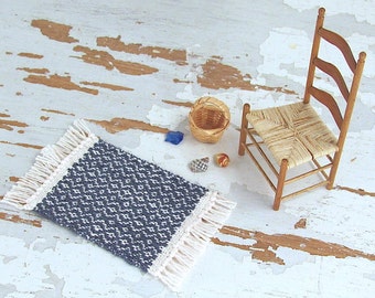 Dollhouse Miniatures Rug, 1:12 Scale Artisan Hand Woven Small Floor Carpet, Bedroom Hall Mat, Traditional Colonial Blue Doll House Furniture