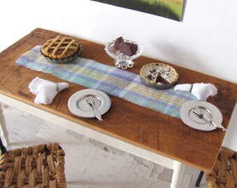 Dollhouse Miniature Table Runner, 1:12 Scale Doll House Furniture Fairy Cottage Spring Kitchen Dining Decor, Lavender Green Yellow Plaid