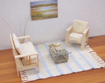 Dollhouse Miniature Rug, 1:12 Scale Artisan Handmade Woven Light Blue Beige Diamond Stripe Carpet for Nautical Seaside Coastal Beach Cottage
