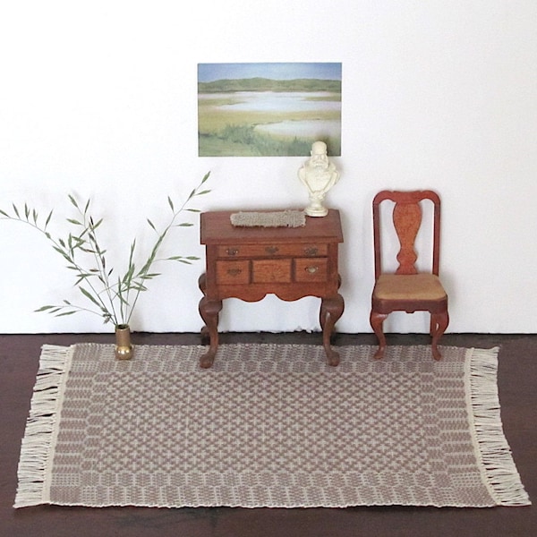 Miniature Dollhouse Rug, 1:12 Scale Artisan Furniture Historic Colonial Doll House Floor Carpet, Handmade Hand Woven in Beige Light Brown