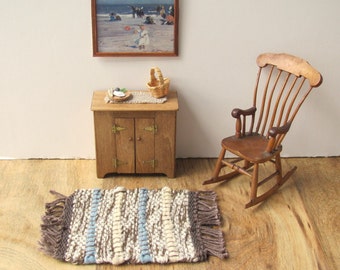 Dollhouse Miniature Rug, Rustic Primitive Woven Wool Carpet, 1:12 Scale Artisan Handmade Cabin Doll House Furniture in Champagne Blue Brown