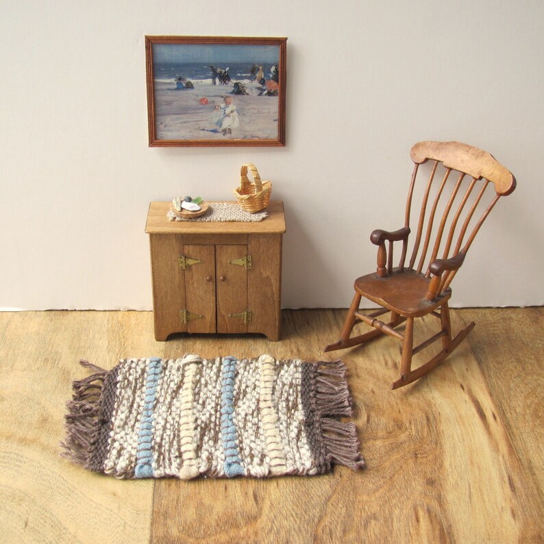 Dollhouse Miniature Rug, Rustic Primitive Woven Wool Carpet, 1:12 Scale Artisan Handmade Cabin Doll House Furniture in Champagne Blue Brown image 1