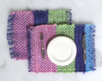 Dollhouse Miniature Dining Table Placemats, Handmade 1:12 Scale Artisan Furniture Accessories, Modern Beach House Woven Purple Pink Mats