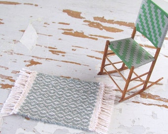 Miniature Dollhouse Rug, 1:12 Scale Artisan Furniture Small Carpet, Doll House Bedroom Living Room Accessory, Hand Woven Sage Green Rug