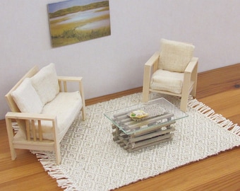 Dollhouse Miniature Rug, 1:12 Scale Artisan Doll House Furniture Beach Cottage Modern Scandinavian Farmhouse Hand Woven Beige Diamond Carpet