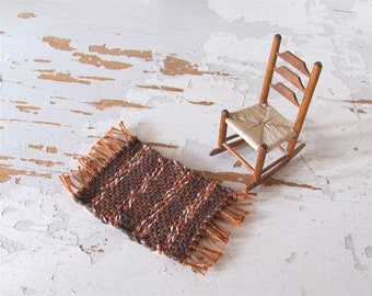 Dollhouse Miniature Rug, 1:12 Artisan Handmade Hand Woven Brown and Rust Stripe Small Carpet for Modern Rustic Country Cabin or Cottage