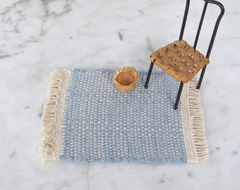 Dollhouse Miniature Rag Rug, Kitchen or Bedroom Bath Mat, 1:12 Artisan Handmade Woven Rustic Modern Country Primitive Rug in Light Blue