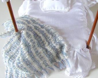 1:12 Miniature Dollhouse Throw Blanket, Artisan Doll House Furniture Farmhouse Beach Bedroom Bed Throw, Hand Woven in Blue Wool White Alpaca