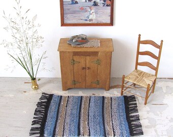 Miniature Dollhouse Rug, 1:12 Scale Artisan Handmade Hand Woven Blue Stripe Coastal Beach Scandinavian Modern Cottage Doll House Accessory