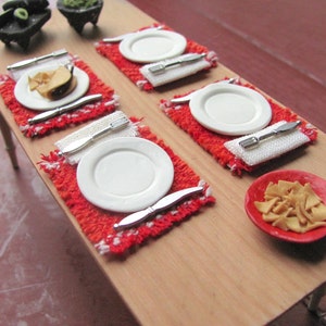 Dollhouse Miniature Placemats, Mexican Fiesta Southwest Food Kitchen or Dining Table Mat, 1:12 Scale Artisan Handmade Woven in Red & Orange image 4