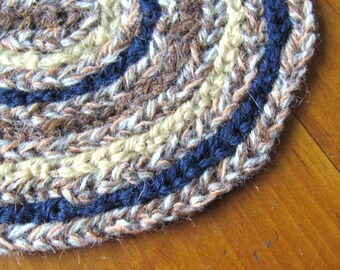 Miniature Dollhouse Rug, 1:12 Scale Artisan Handmade Oval Carpet, Rustic Cabin Farmhouse Country Shaker Style Navy Blue Gold Gray Brown Wool