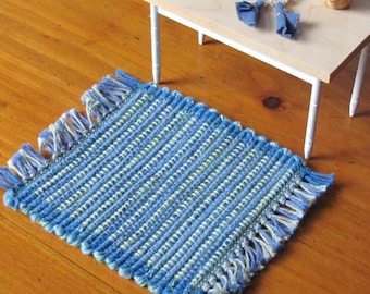 Dollhouse Miniatures Rug, Woven Small Blue Green Carpet, 1:12 Scale Artisan Doll House Furniture Rustic Modern Beach Cabin Farmhouse Decor