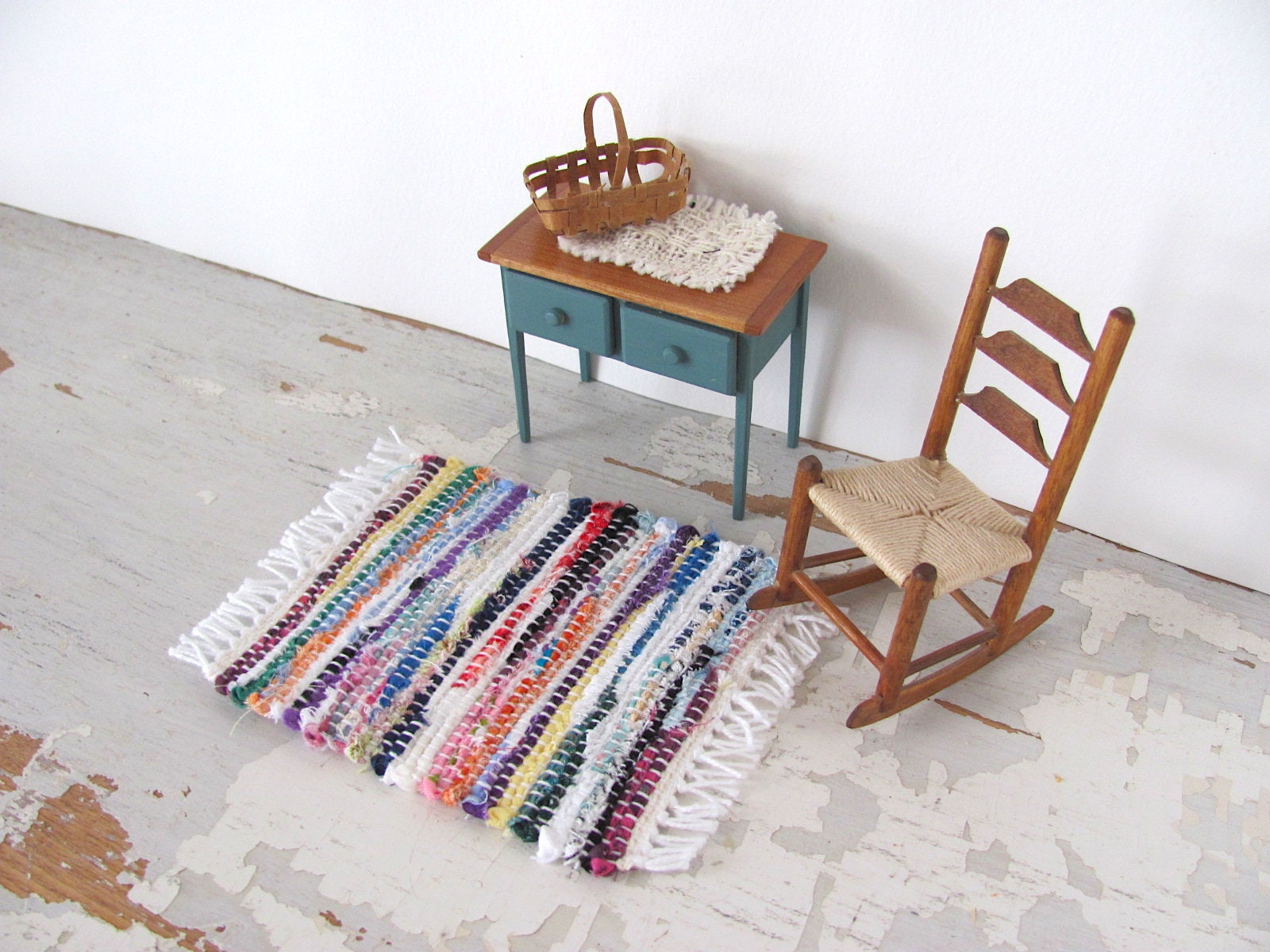 Hand Crafted Miniature Rugs Dollhouse Miniature Rag Rug, 1:12 Scale Artisan Handmade Woven Kitchen ...