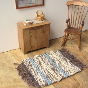 Dollhouse Miniature Rug, Rustic Primitive Woven Wool Carpet, 1:12 Scale Artisan Handmade Cabin Doll House Furniture in Champagne Blue Brown image 3