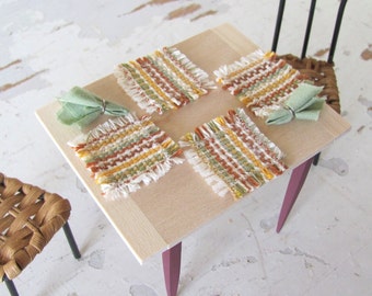 Dollhouse Miniature 1:12 Table Placemat, Artisan Doll House Furniture Retro Modern Farmhouse Kitchen Dining Mat, Hand Woven Orange Green