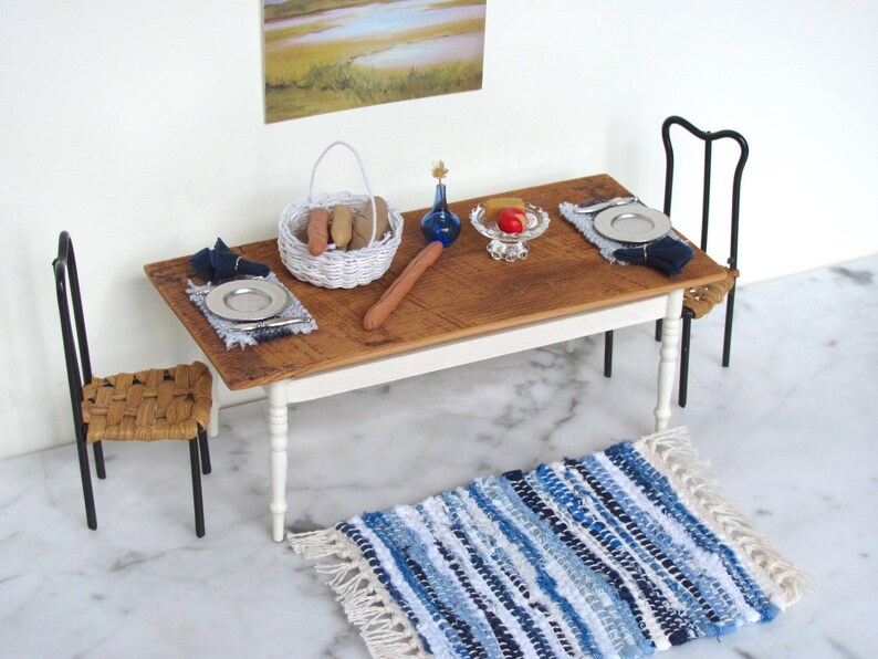 1:12 Dollhouse Miniature Placemat, Artisan Handmade Woven Navy Blue Stripe Kitchen Dining Table Mat, Nautical Seaside Beach Furniture Decor image 4