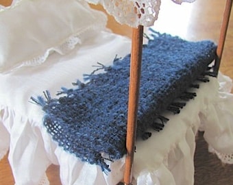 Dollhouse Miniature Bedding Blanket, Bedspread Bed Throw, 1:12 Scale Artisan Handmade Woven Indigo Navy Blue Bedroom Decor Furniture Accent