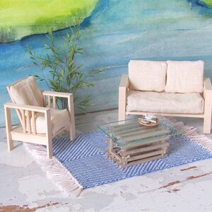 Dollhouse Miniature Rug, 1:12 Scale Artisan Doll House Furniture Modern Seaside Coastal Beach Scandinavian Light Blue White Hand Woven Rug image 4