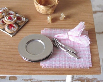 Dollhouse Miniature Napkins, Pastel Pink Gingham Check 1:12 Scale Country Farmhouse Kitchen Fairy Picnic Easter Spring Dining Table Decor