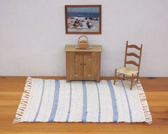Dollhouse Miniature Rug, Artisan 1:12 Scale Doll House Furniture Scandinavian Beach Cottage Nautical Seaside Decor, Hand Woven Blue Stripe