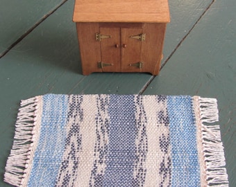 Dollhouse Miniature Rug, 1:12 Artisan Handmade Rustic Cabin, Coastal Beach Cottage, Farmhouse Furniture Woven Ocean Blue White Stripe Carpet