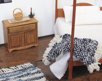 Dollhouse Miniature Bedding, Bed Throw Blanket, Bedspread, 1:12 Artisan Woven Textured Indigo Navy Blue Modern Beach Cottage Bedroom Decor