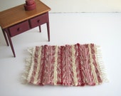 Miniature Dollhouse Rug, 1:12 Artisan Shaker Farmhouse Doll House Furniture Miniaturist Collector Hand Woven Wool Red Rose White Stripe Rug