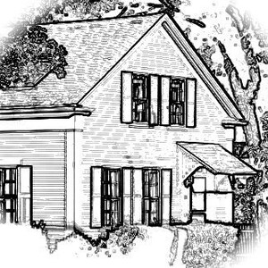 Middle Street Miniatures logo of black and white sketch of a house with a gabled roof, windows with shutters.
