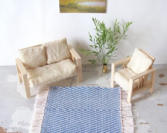 Miniature Dollhouse Rug, Ocean Blue Woven Artisan 1:12 Scale Furniture Carpet for Modern Beach Cottage, Seaside Nautical Bedroom Living Room