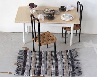 Dollhouse Miniature Rug, 1:12 Scale Artisan Furniture Scandinavian Modern Rustic Farmhouse Beach Hand Woven Black Beige Gray Stripe Carpet