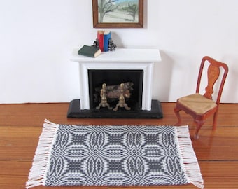 Dollhouse Miniature Rug, 1:12 Scale Artisan Dolls House Furniture Living Room Den Bedroom Rug, Dark Gray Medallion Pattern Hand Woven Carpet