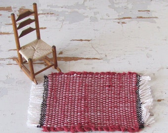 Dollhouse Miniatures Rag Rug, Burgundy Red 1:12 Artisan Handmade Woven Modern Primitive Rustic Country Farmhouse Cabin Doll House Furniture