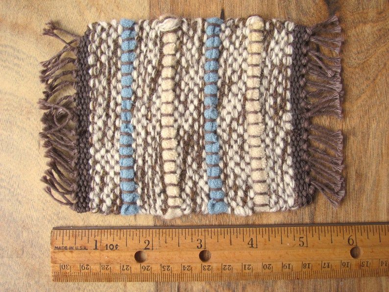 Dollhouse Miniature Rug, Rustic Primitive Woven Wool Carpet, 1:12 Scale Artisan Handmade Cabin Doll House Furniture in Champagne Blue Brown image 4