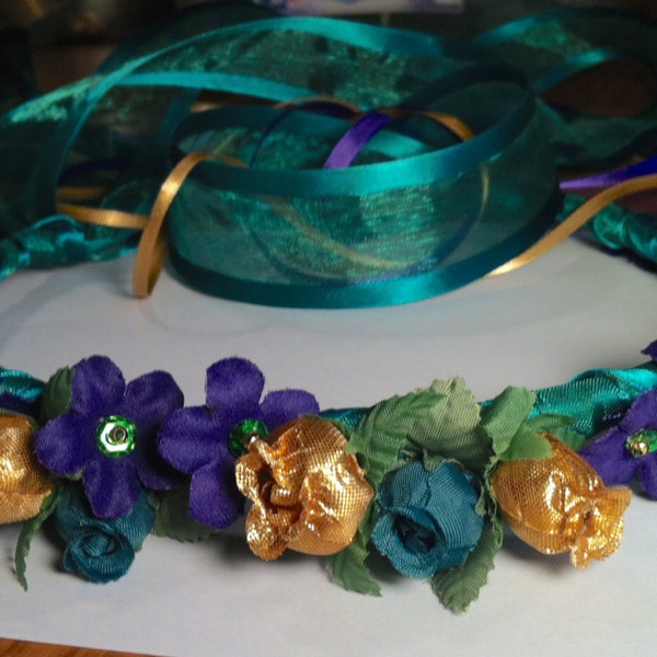 Mardi Gras or Peacock Theme Bridesmaid Flower Girl Crown Head Wreath Garland Halo Purple Green Gold C-Mardi Gras
