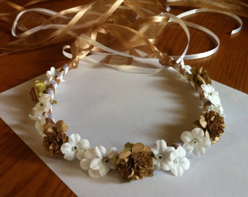Flower Head Wreath Bridal Bridesmaid Flower Girl Crown Floral Ribbon Hair Halo Head Piece Wreath Garland Tan Gold White C-Vanessa