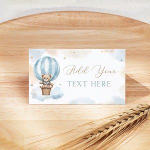 Editable Bear Baby Boy Shower Place Card Template, Bear Baby Boy Party Table Tag Decor printable, Bear Food Labels instant download