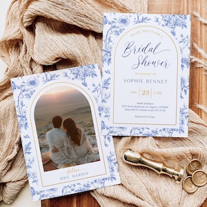 Blue Chinoiserie Toile Bridal Shower Invitation, Elegant Vintage Floral Bridal Invite
